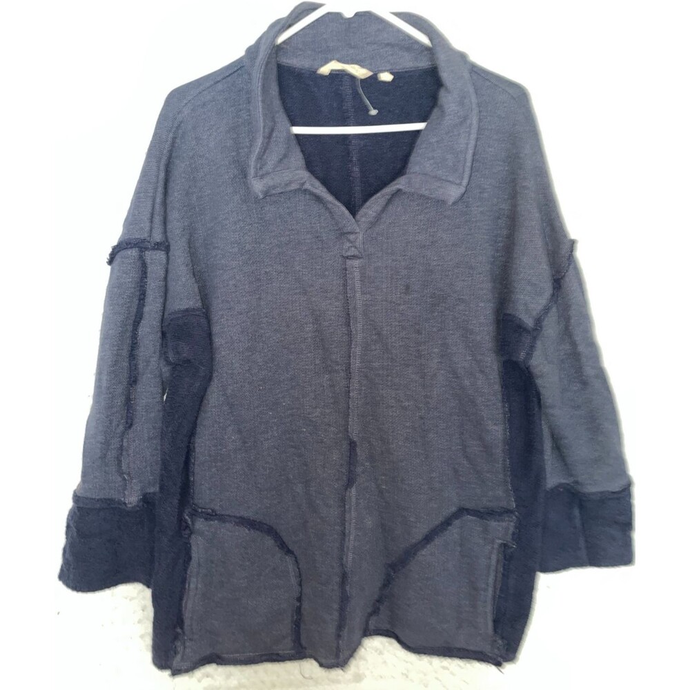 Soft Surroundings Oversized Sweatshirt Tunic Blue Pockets Raw edge Petite L
